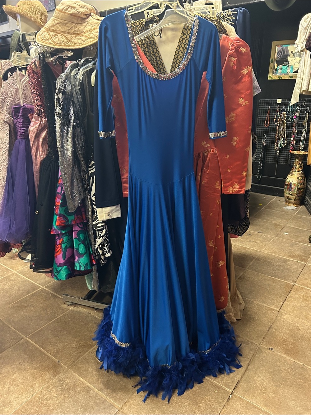 Women's Royal Blue Ballroom Dress with Feather Hem Large - Picture 1 of 1